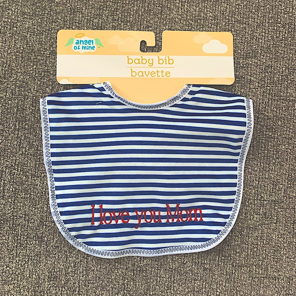 “I Love You Mom” Blue and White Baby Bib